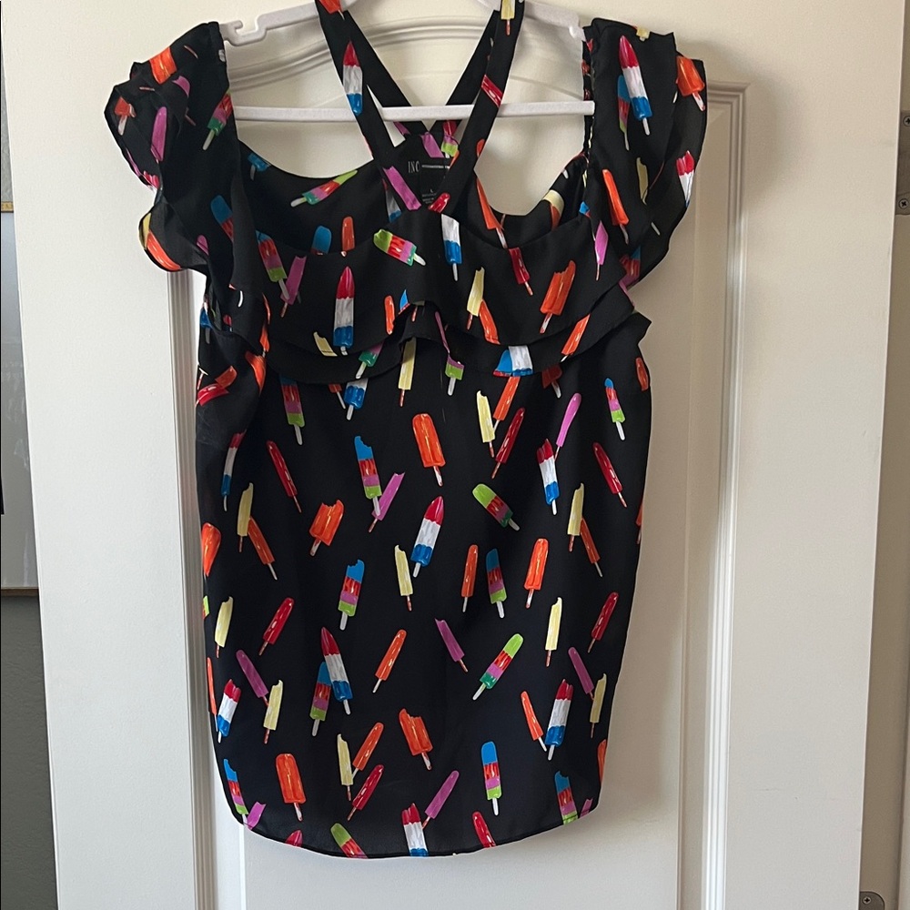 INC International Concepts Black Popsicle-Print Ruffle-Strap Camisole Top